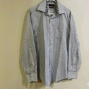 ❤️2/$30❤️[15.75/40M]Jacques Britt NonIron Cotton Blue Square Pattern Dress Shirt